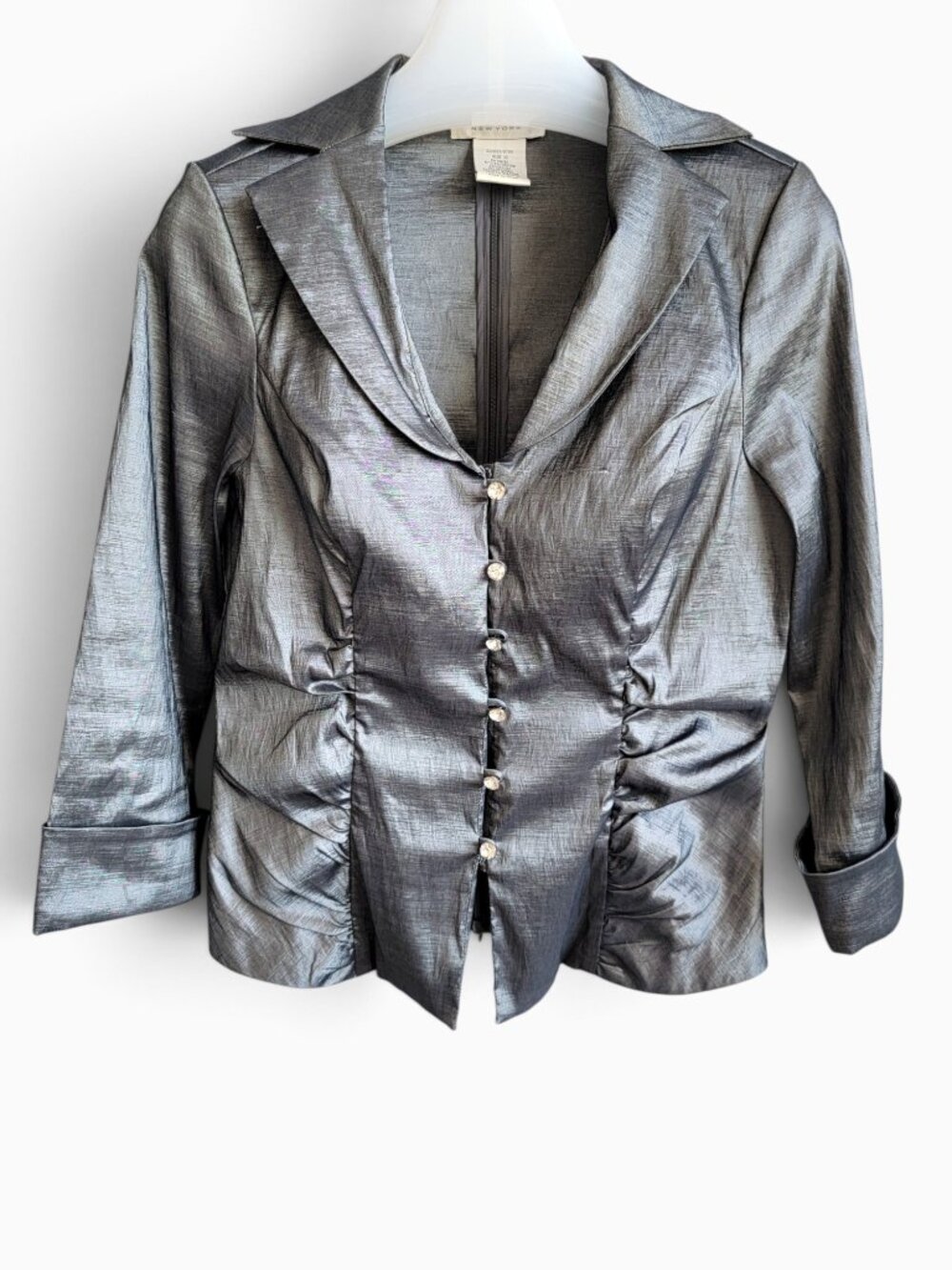 Jackie Jon Vintage Y2K Metallic Silver Gray Jacket S Rhinestone Ruched Evening